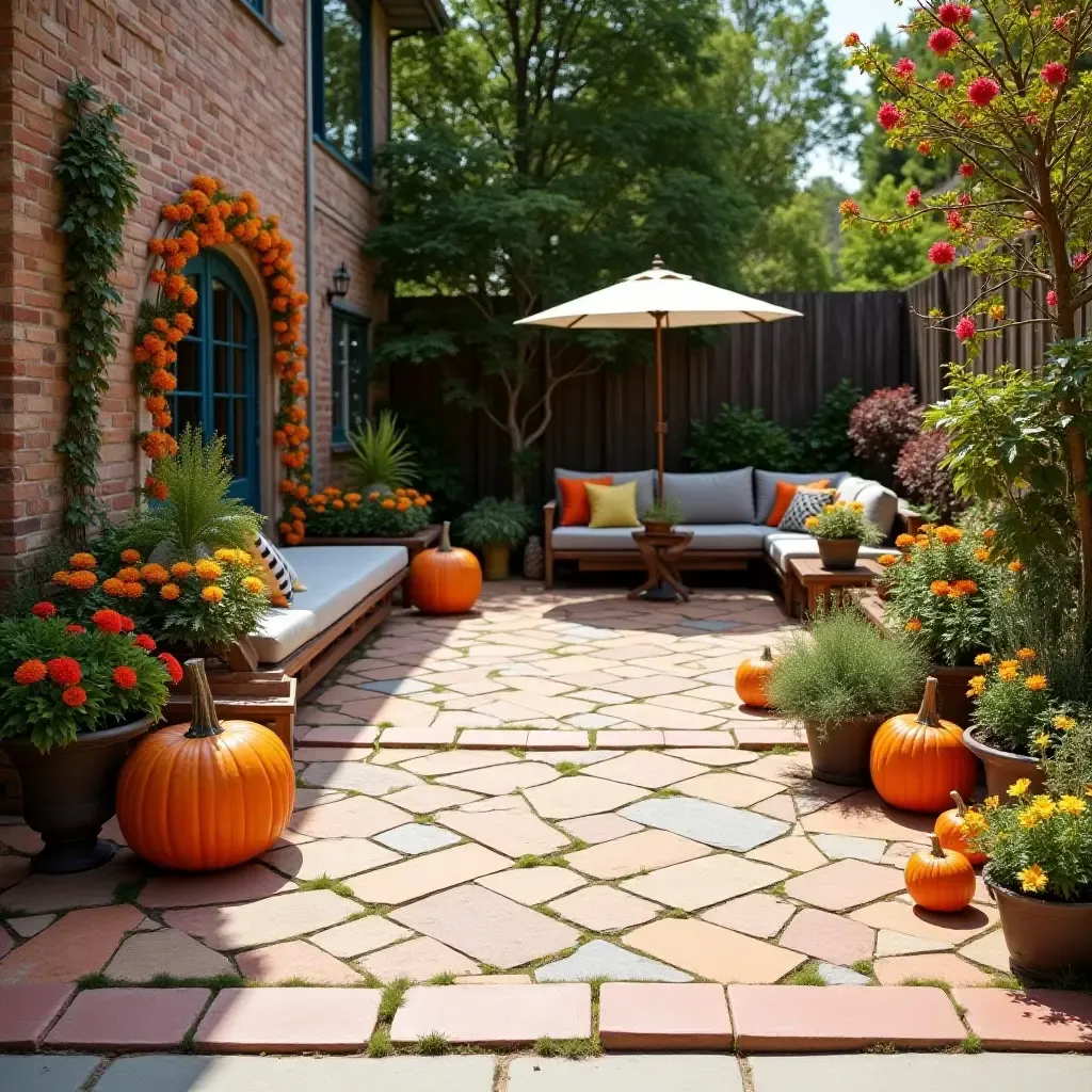 a photo of a vibrant concrete patio with seasonal decorations and plants