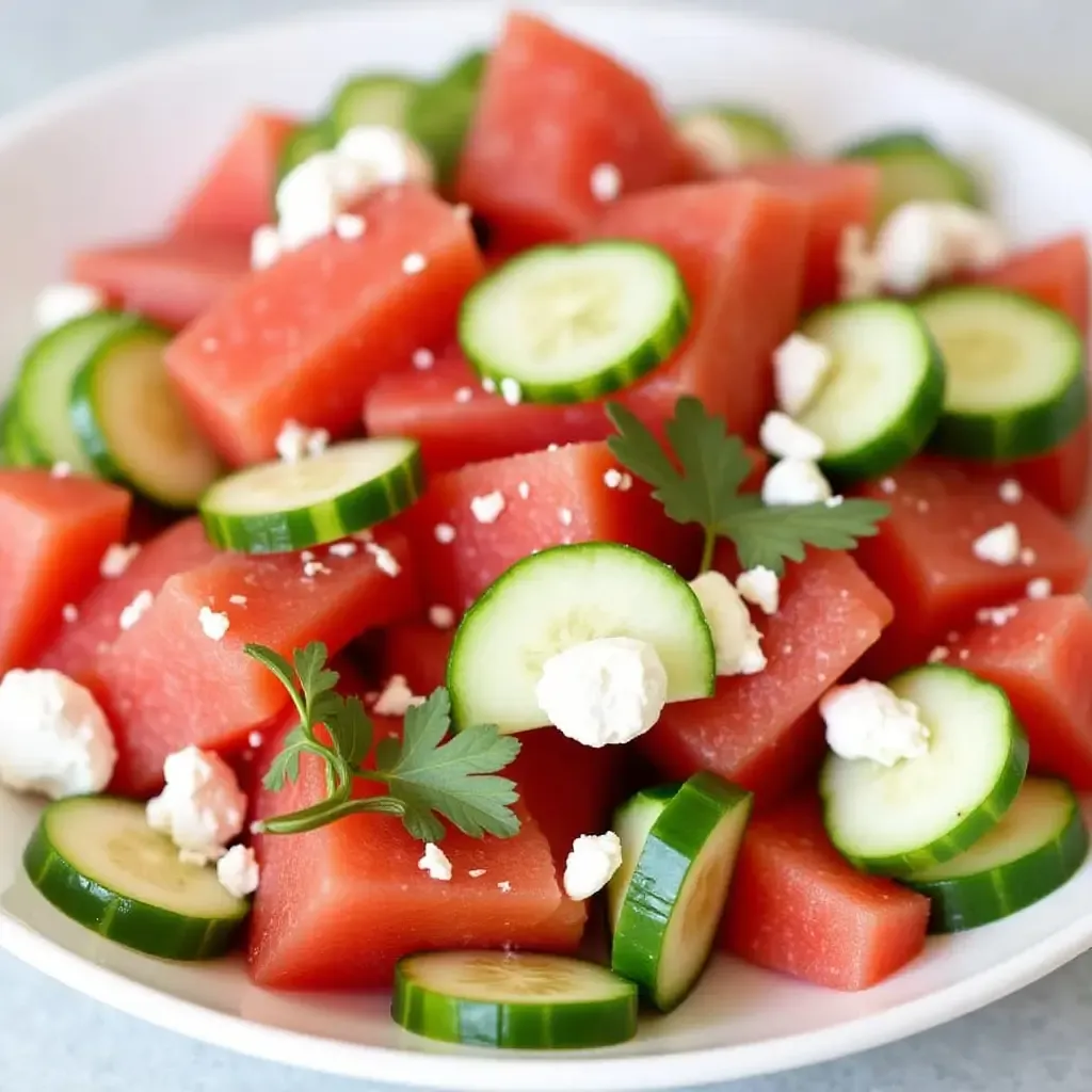 a photo of a Greek salad with watermelon, cucumber, and a feta-yogurt dressing.