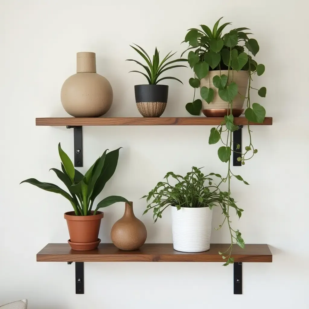 a photo of a stylish wooden shelf displaying potted plants and decorative items