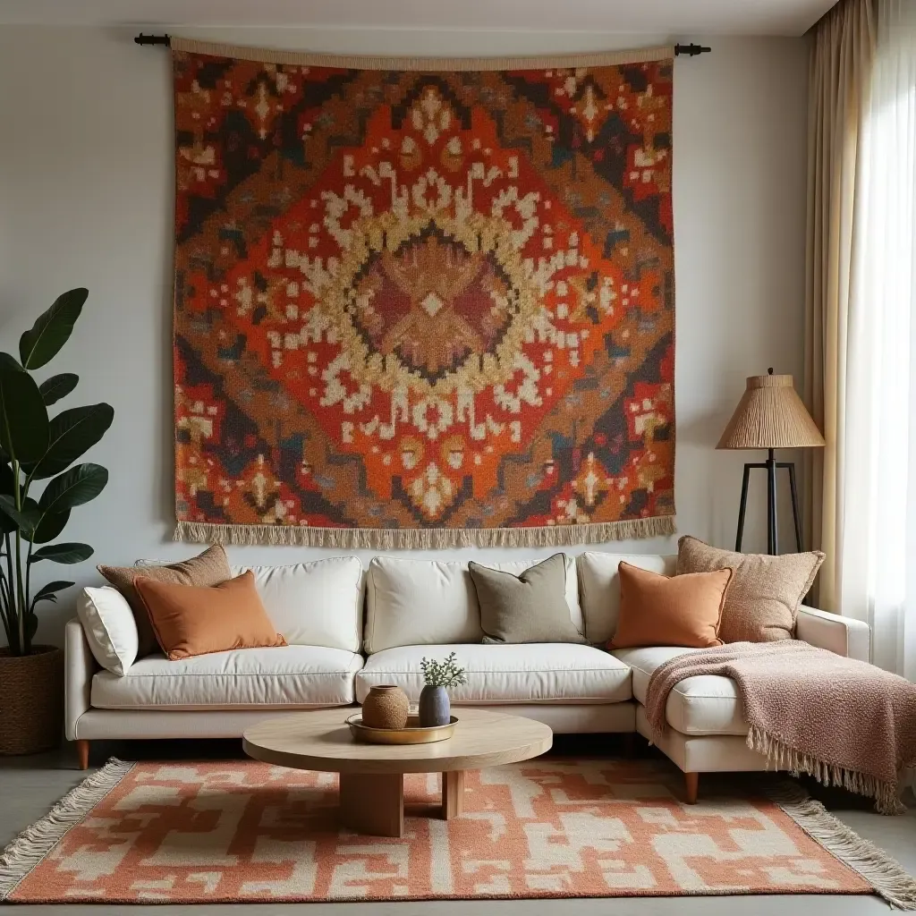 a photo of a living room with a woven tapestry as a focal point