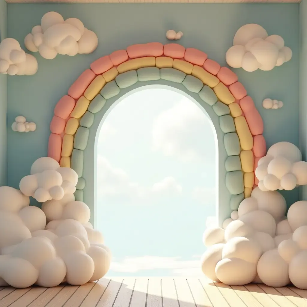 a photo of a whimsical entrance hall featuring floating clouds and a rainbow