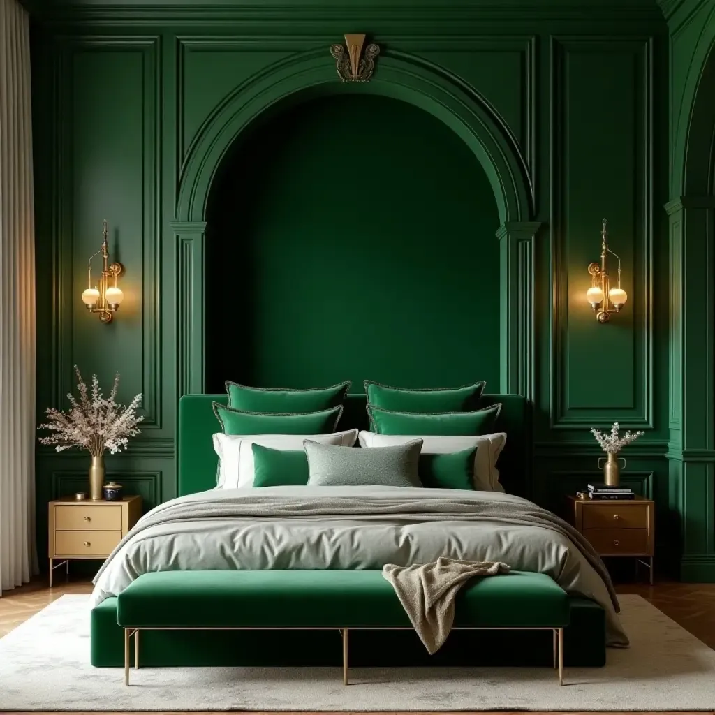 a photo of a sophisticated emerald green and gold bedroom with luxurious details