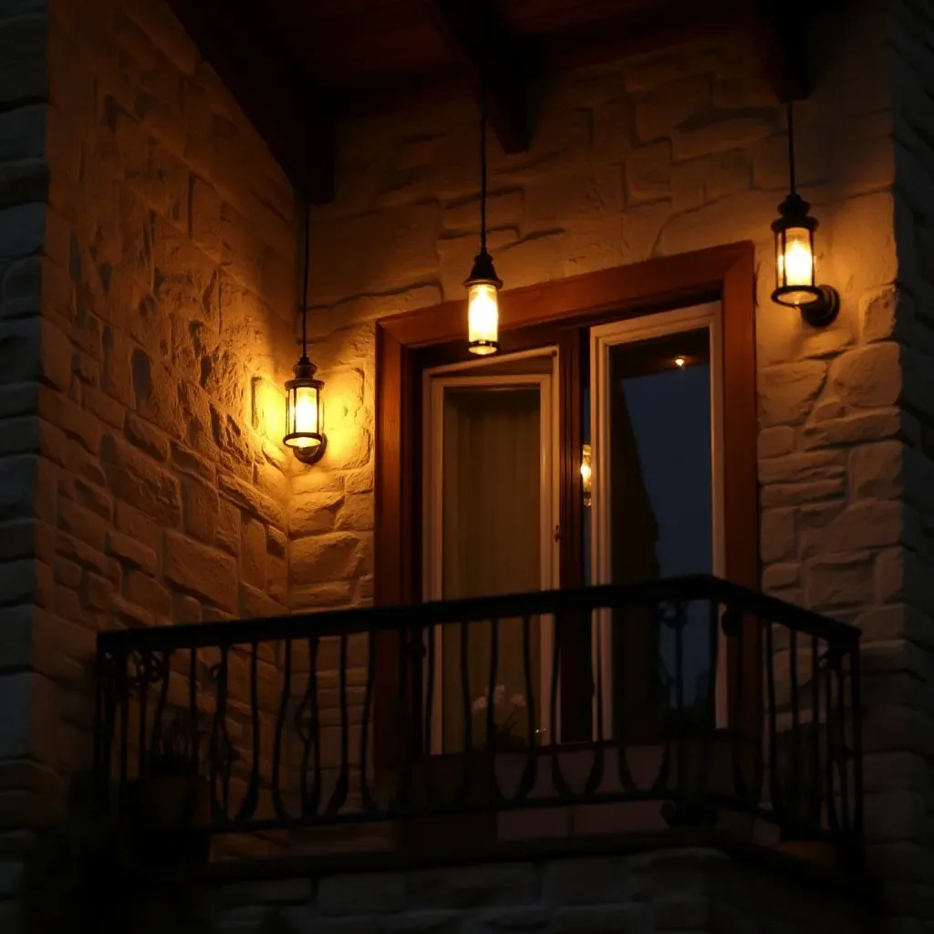 a photo of a rustic balcony illuminated by vintage pendant lamps