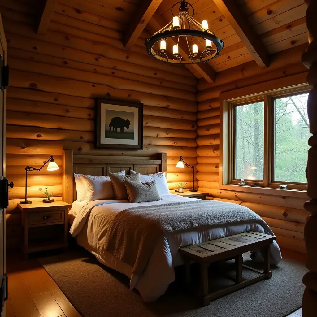 a photo of a rustic bedroom with a log cabin theme and soft lighting