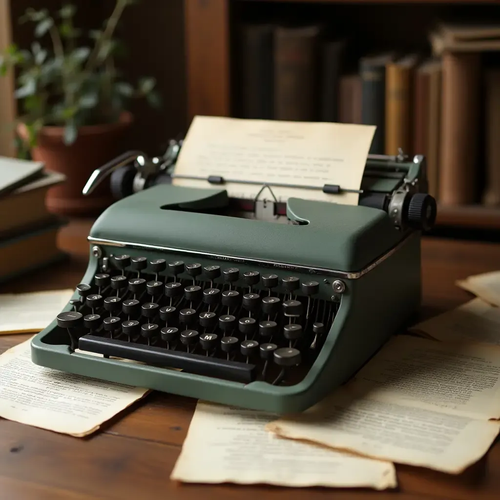 a photo of a vintage typewriter on a desk surrounded by old books and papers