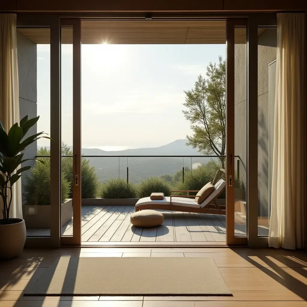 a photo of a tranquil balcony featuring an outdoor yoga space