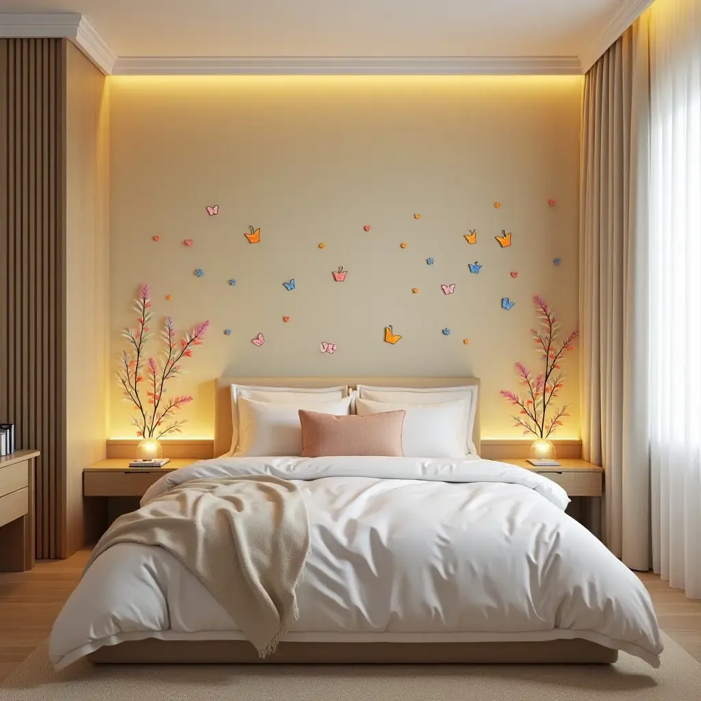 a photo of a bedroom adorned with colorful wall decals and soft lighting