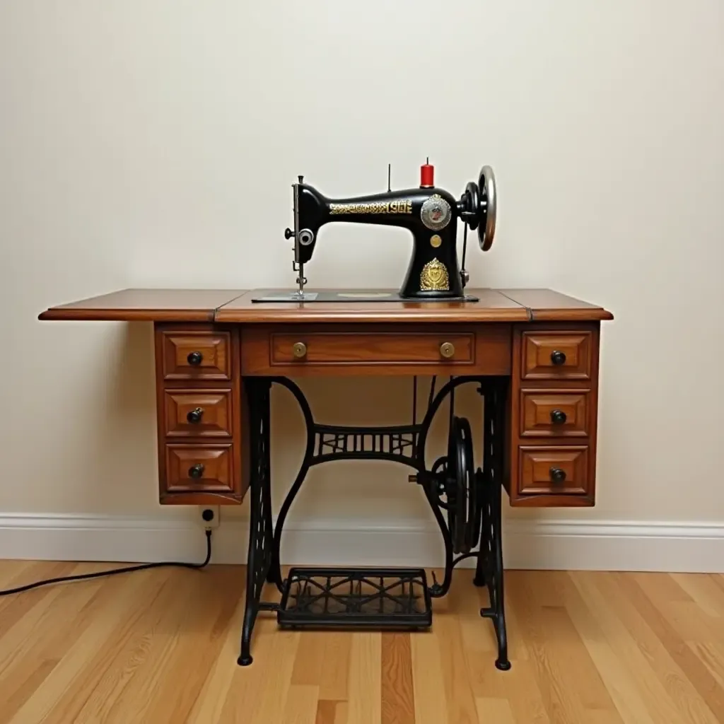 a photo of a vintage sewing machine repurposed as a side table