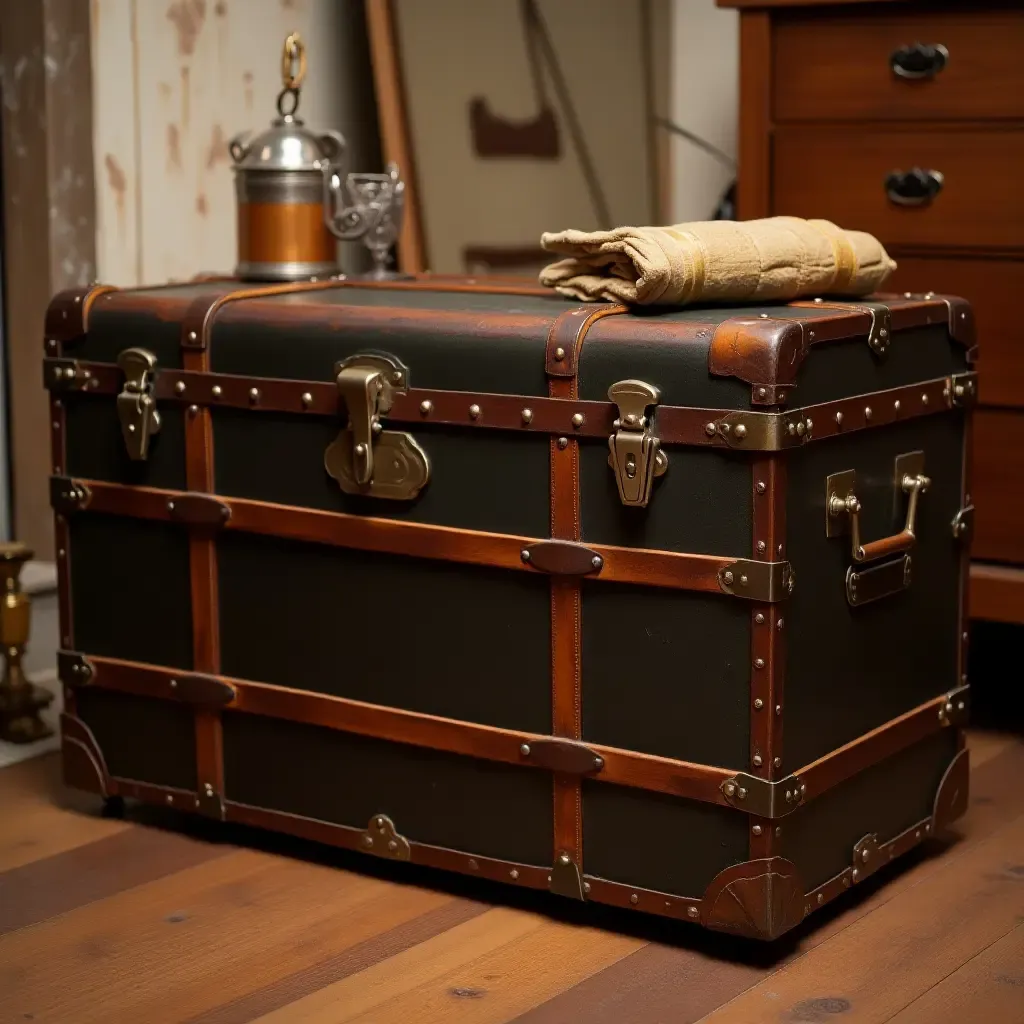 a photo of a vintage trunk as a storage solution in a basement