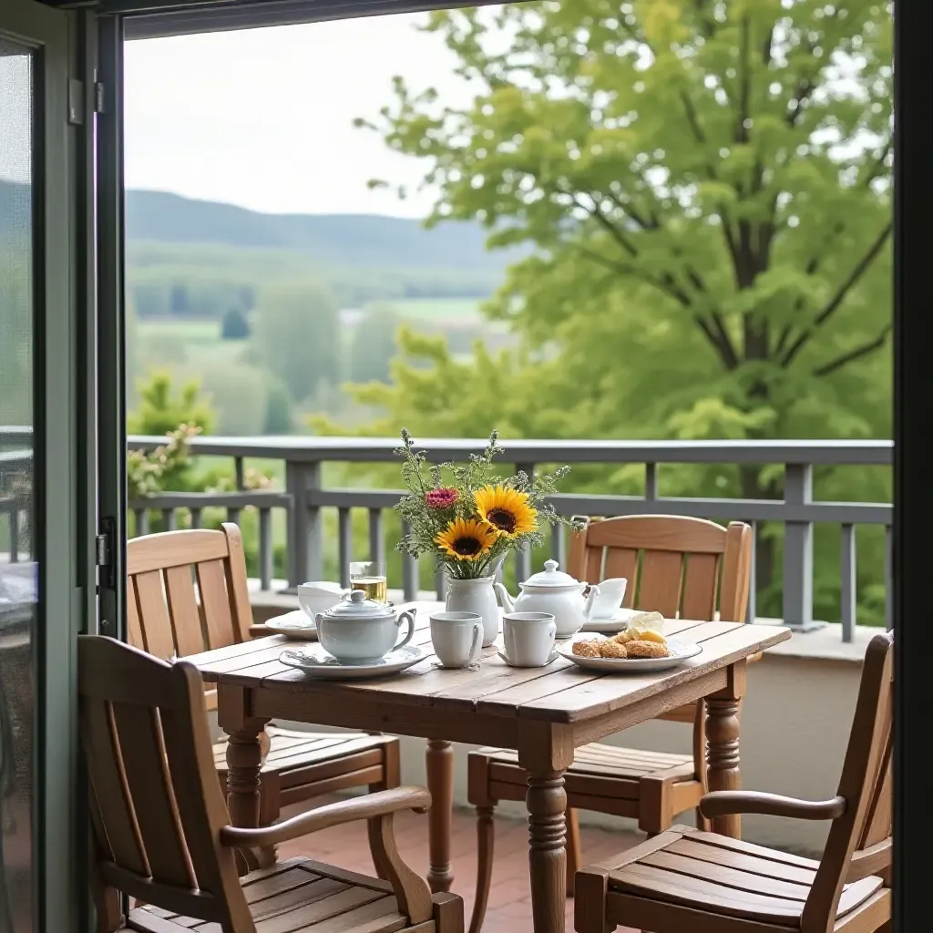 a photo of a charming balcony with a farmhouse table set for tea