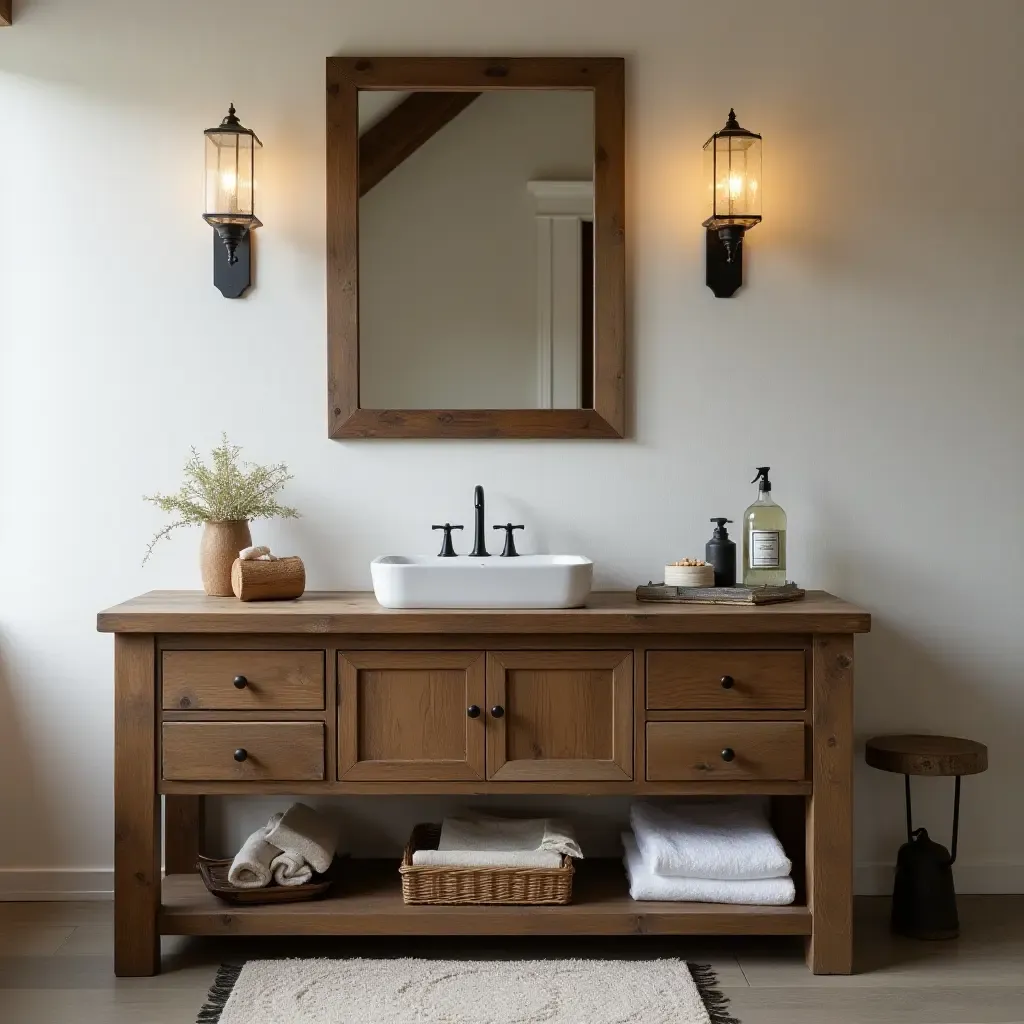 a photo of a rustic bathroom vanity featuring reclaimed wood and vintage accessories