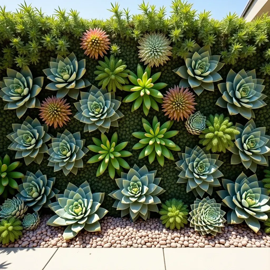 a photo of a garden wall featuring a mix of succulents and cacti