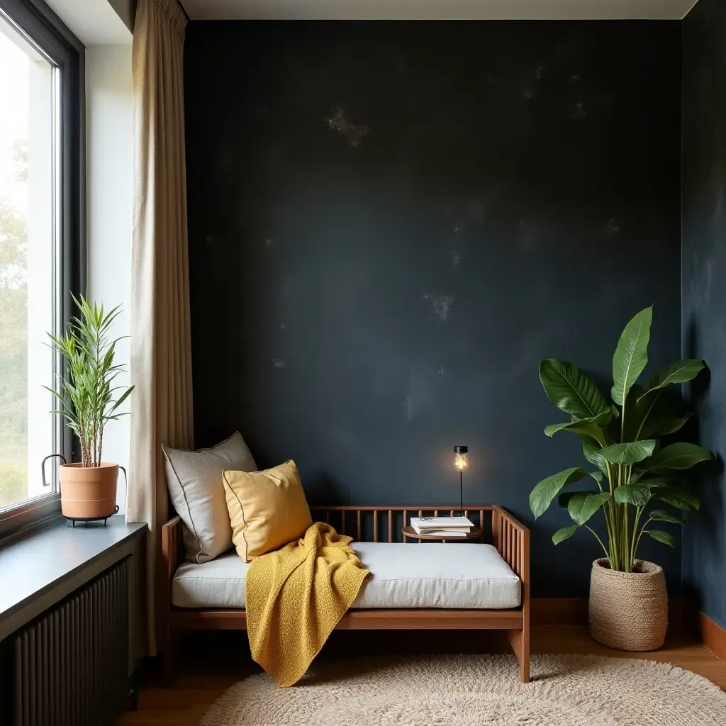 a photo of a reading nook featuring a chalkboard wall for creativity