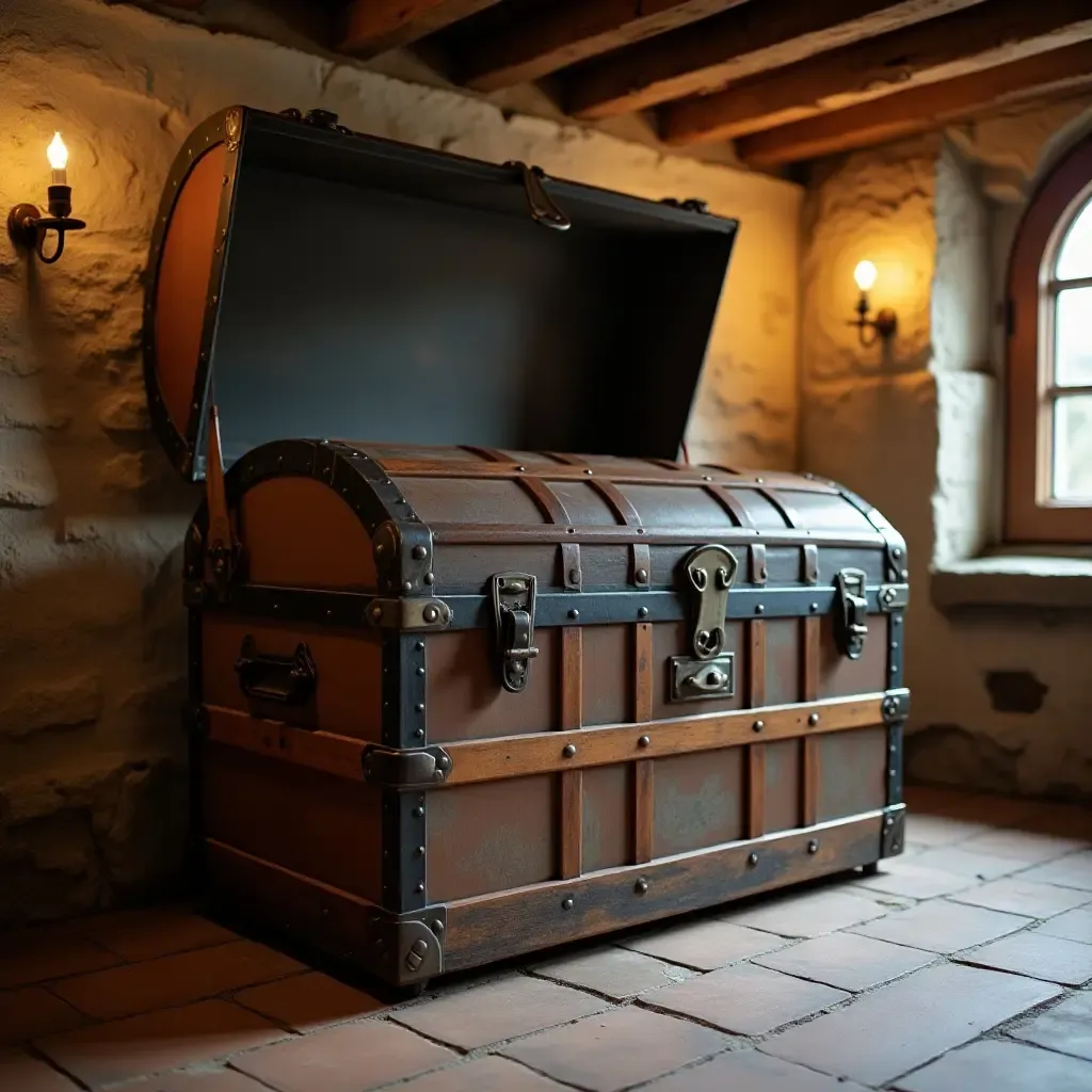 a photo of a basement with a vintage trunk used for storage