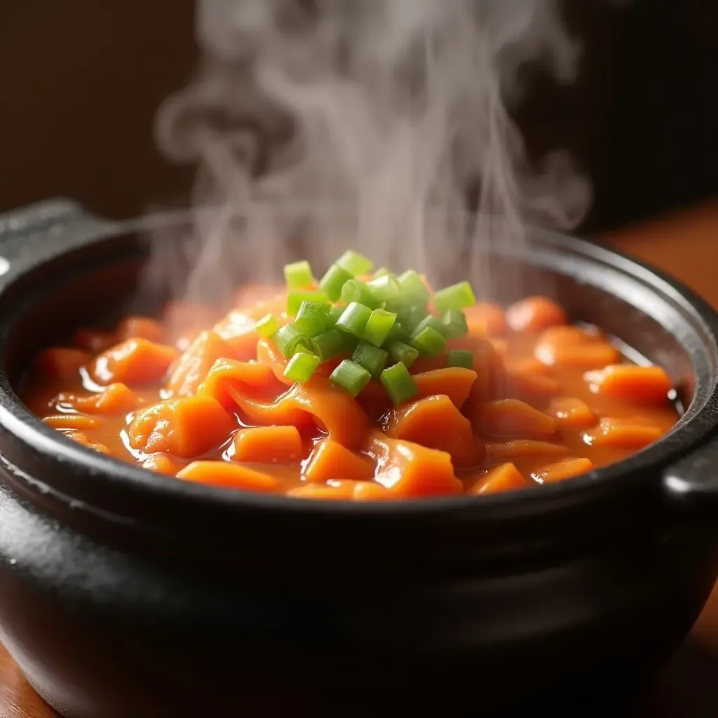 a photo of steaming kimchi jjigae in a traditional Korean stone pot, garnished with green onions.