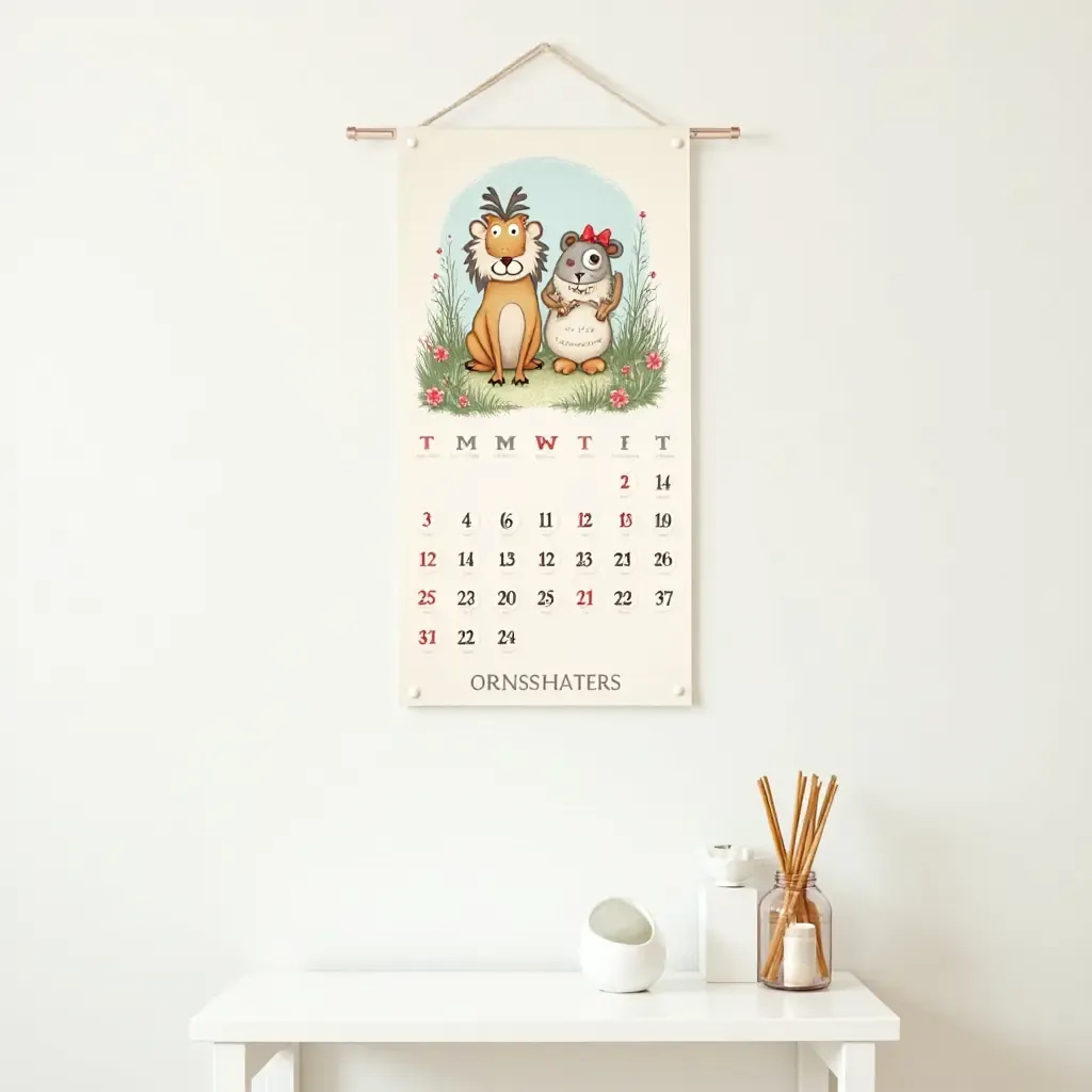 a photo of a whimsical calendar wall with illustrations