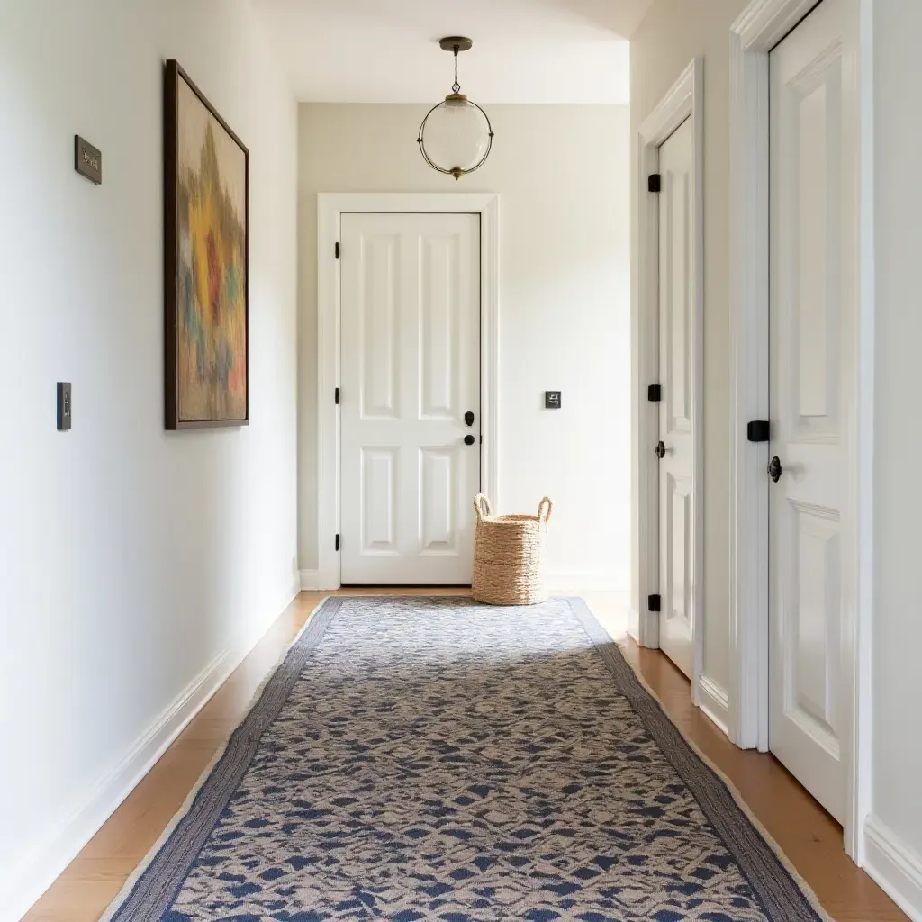 a photo of a chic, patterned rug with a pop of color in a hallway