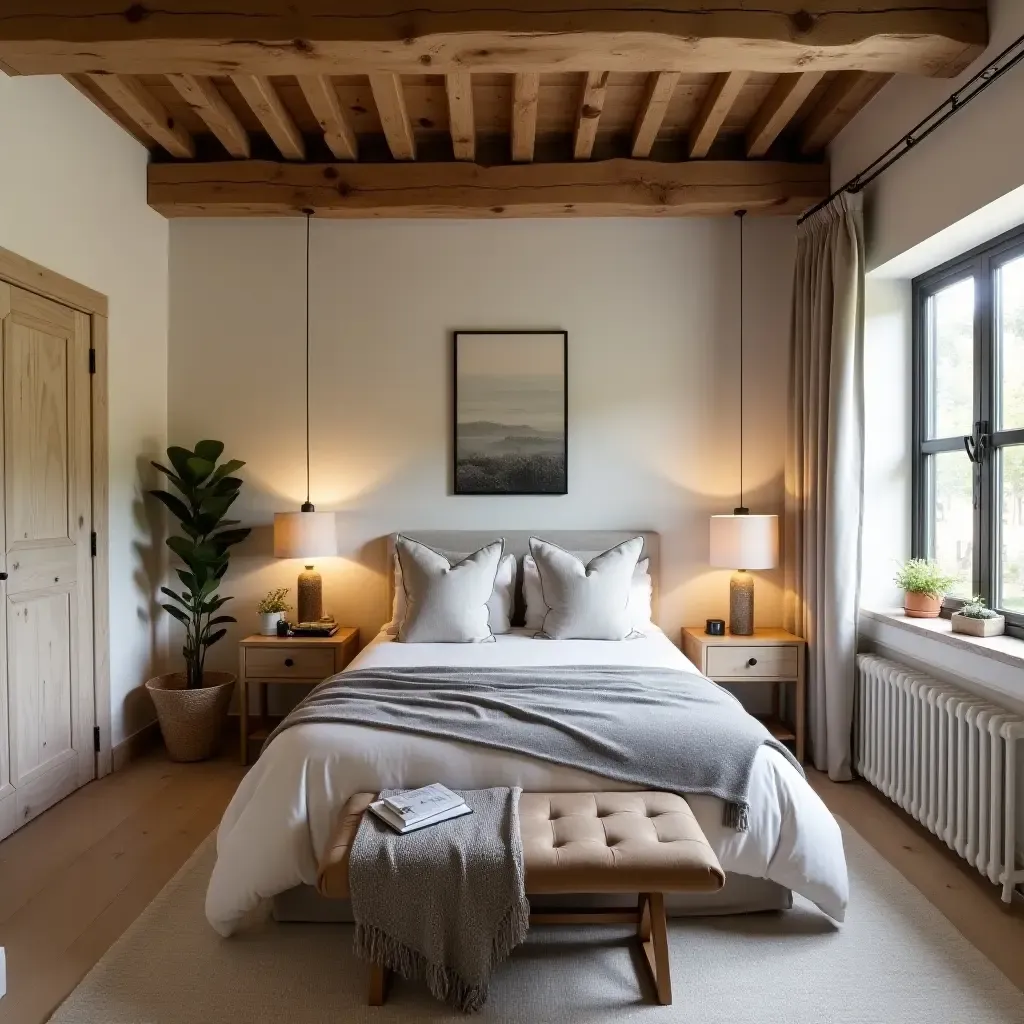 a photo of a small modern rustic bedroom with exposed wooden beams and contemporary decor