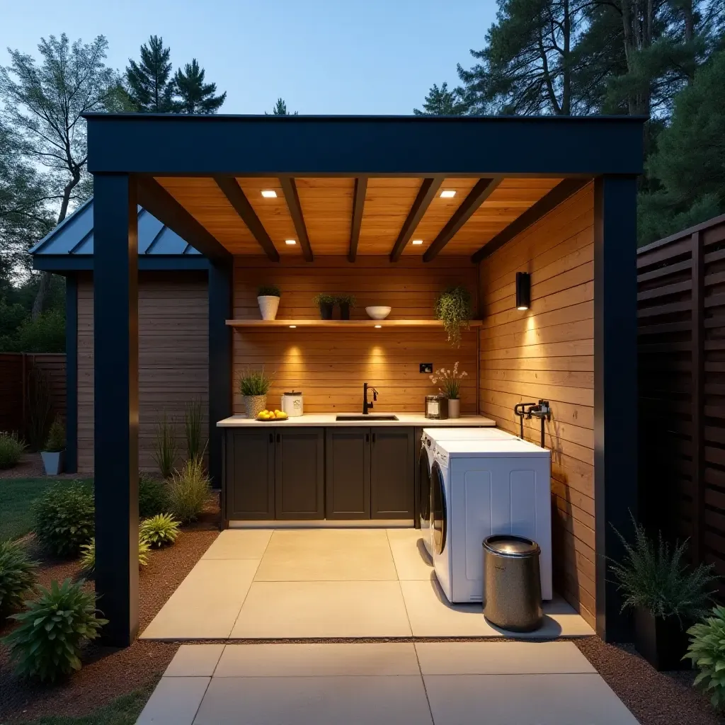 a photo of a sophisticated outdoor laundry space with a pergola and integrated lighting