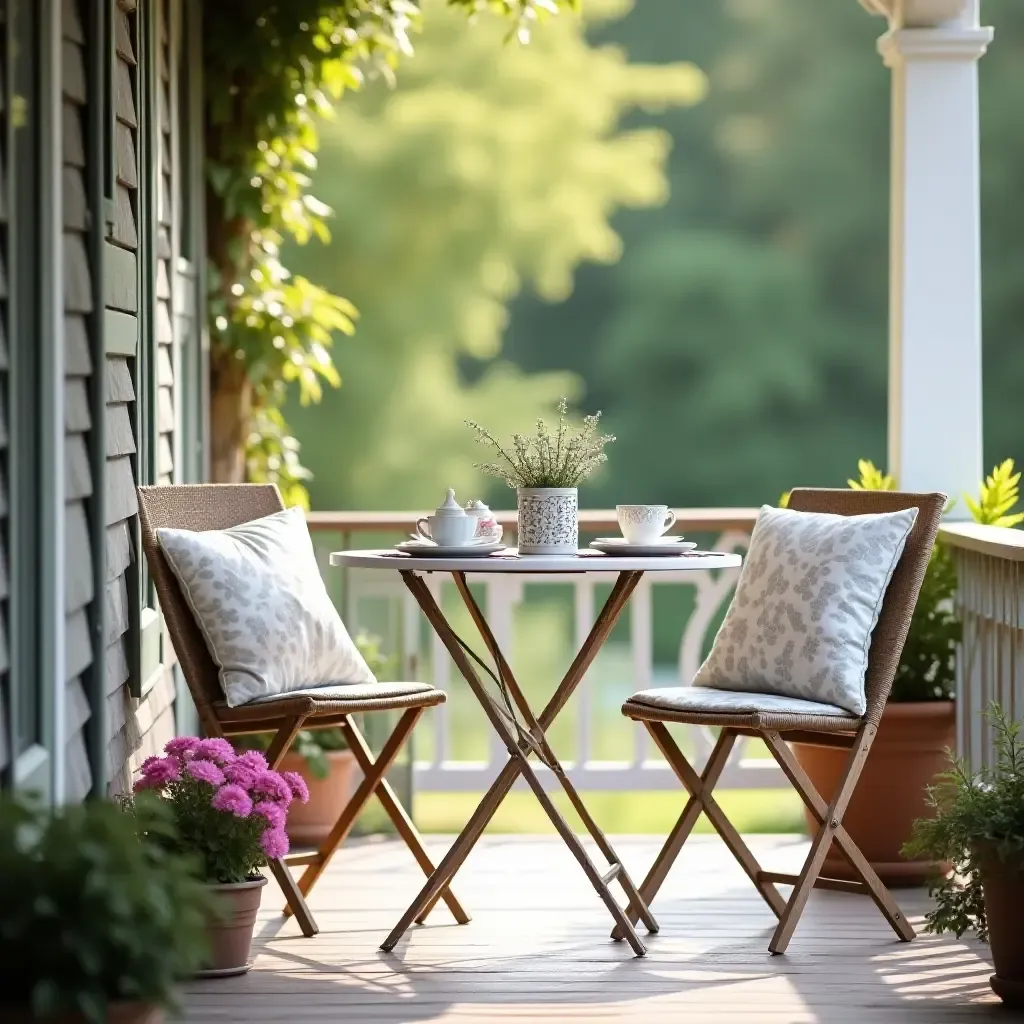 a photo of a charming bistro table set for tea on a sunny porch