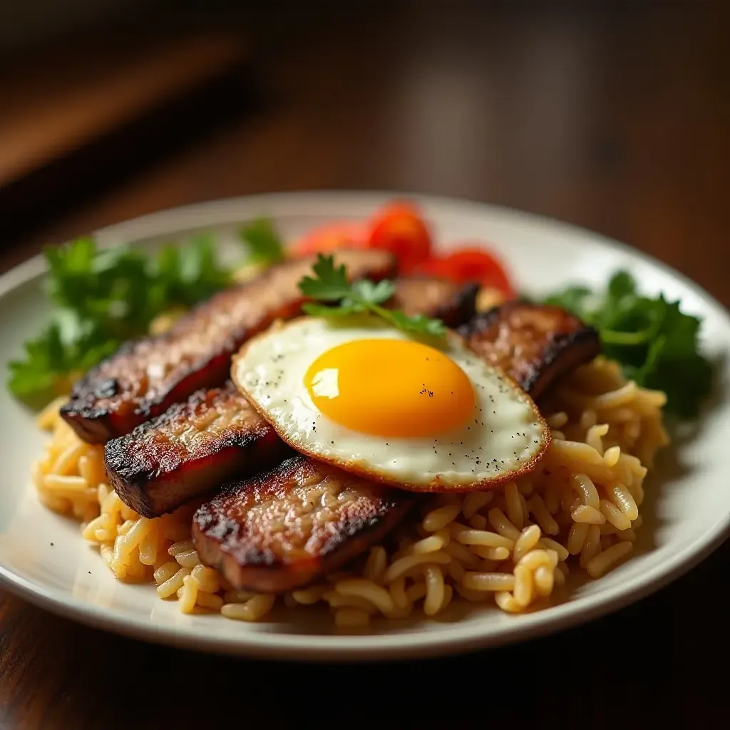 a photo of a sizzling plate of com tam broken rice with grilled pork and egg.