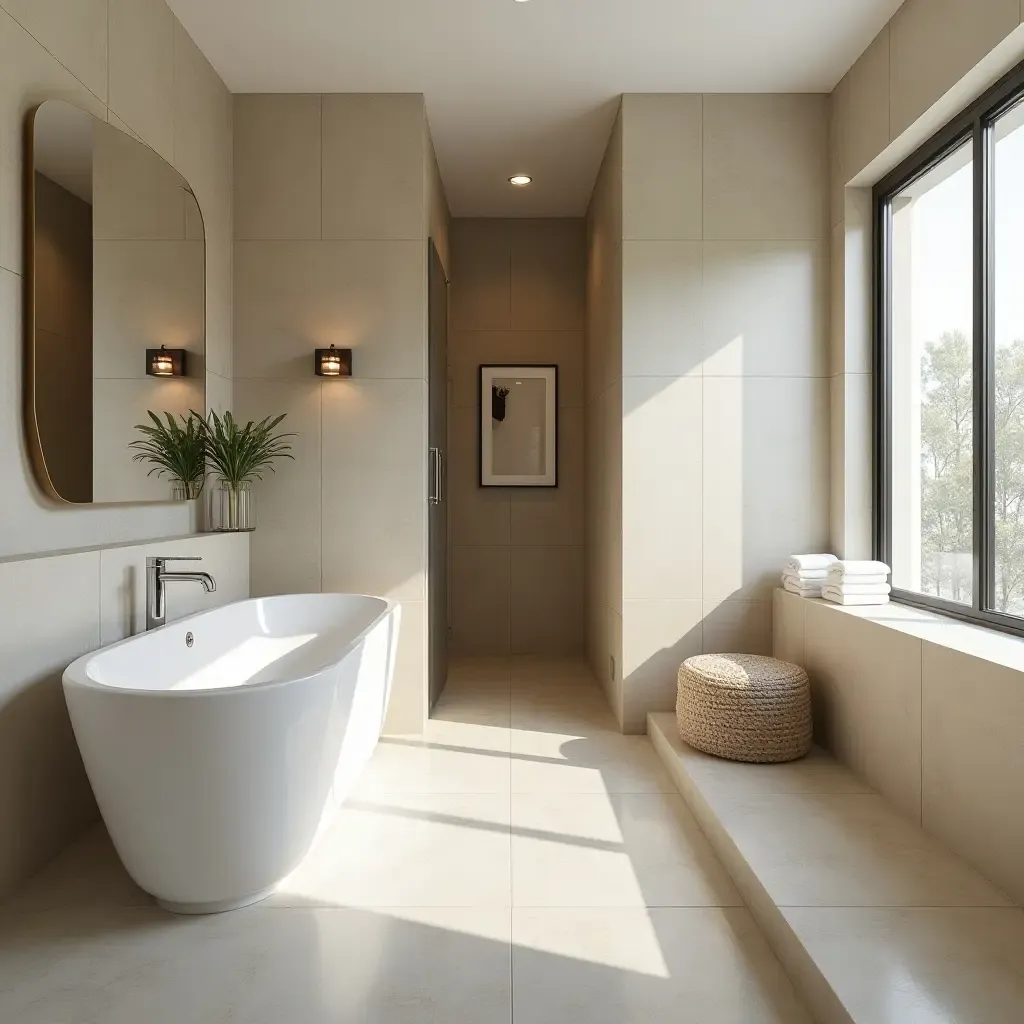 a photo of a spa-like bathroom with large format tiles and natural stone accents