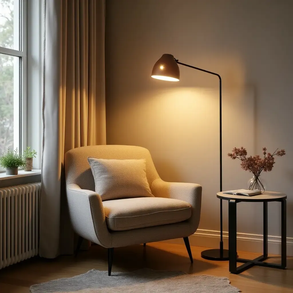 a photo of a chic reading nook with a modern floor lamp and a small table