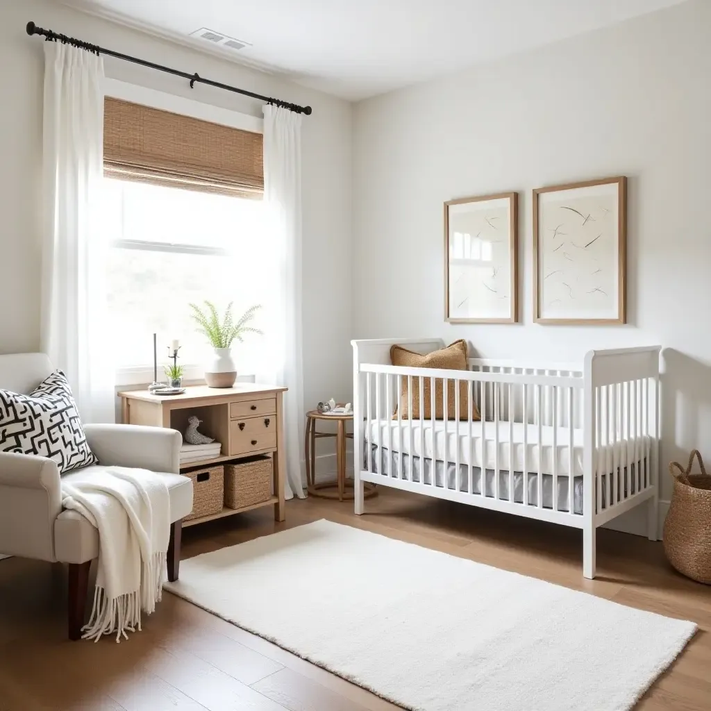 a photo of a basement nursery featuring cozy farmhouse elements and decor