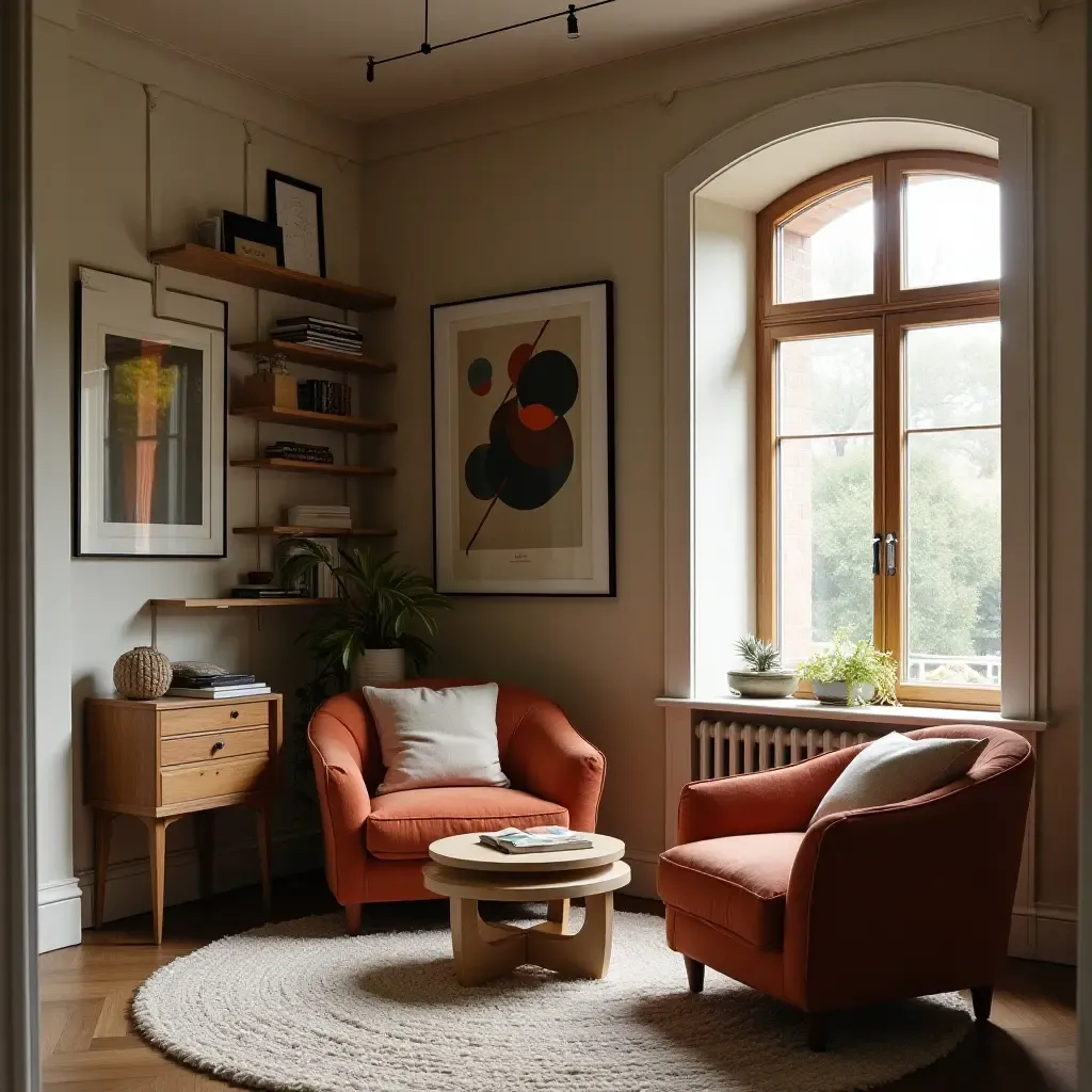 a photo of a reading nook surrounded by art and framed pictures