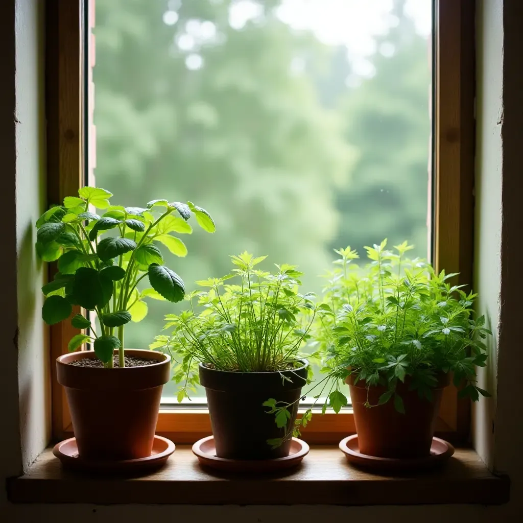 a photo of a window sill filled with herbs in pots