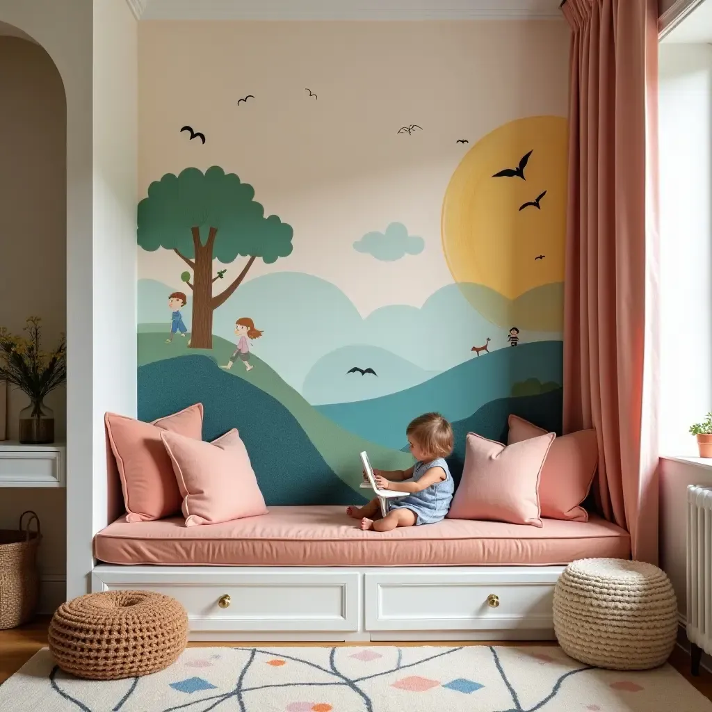 a photo of a reading nook with a vibrant mural and cushions in a nursery