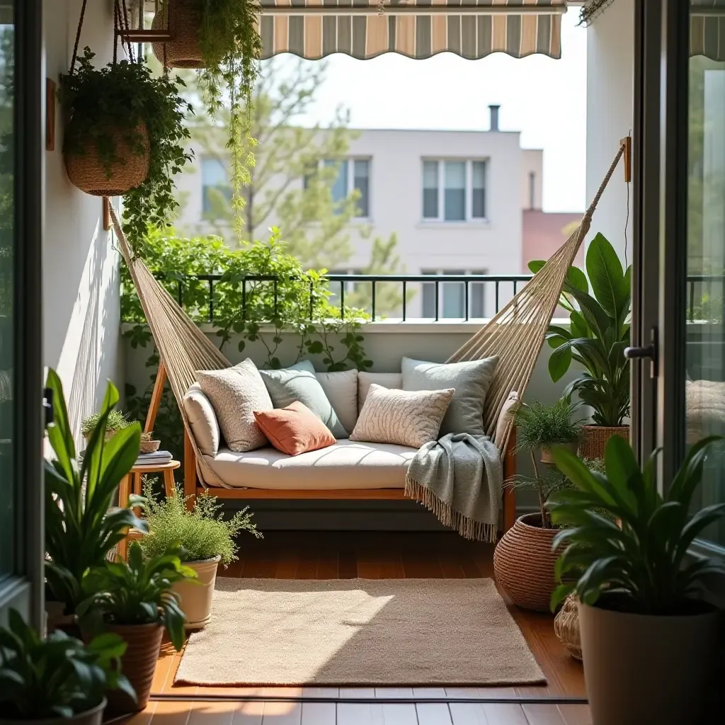 a photo of a balcony transformed with a hammock and plants