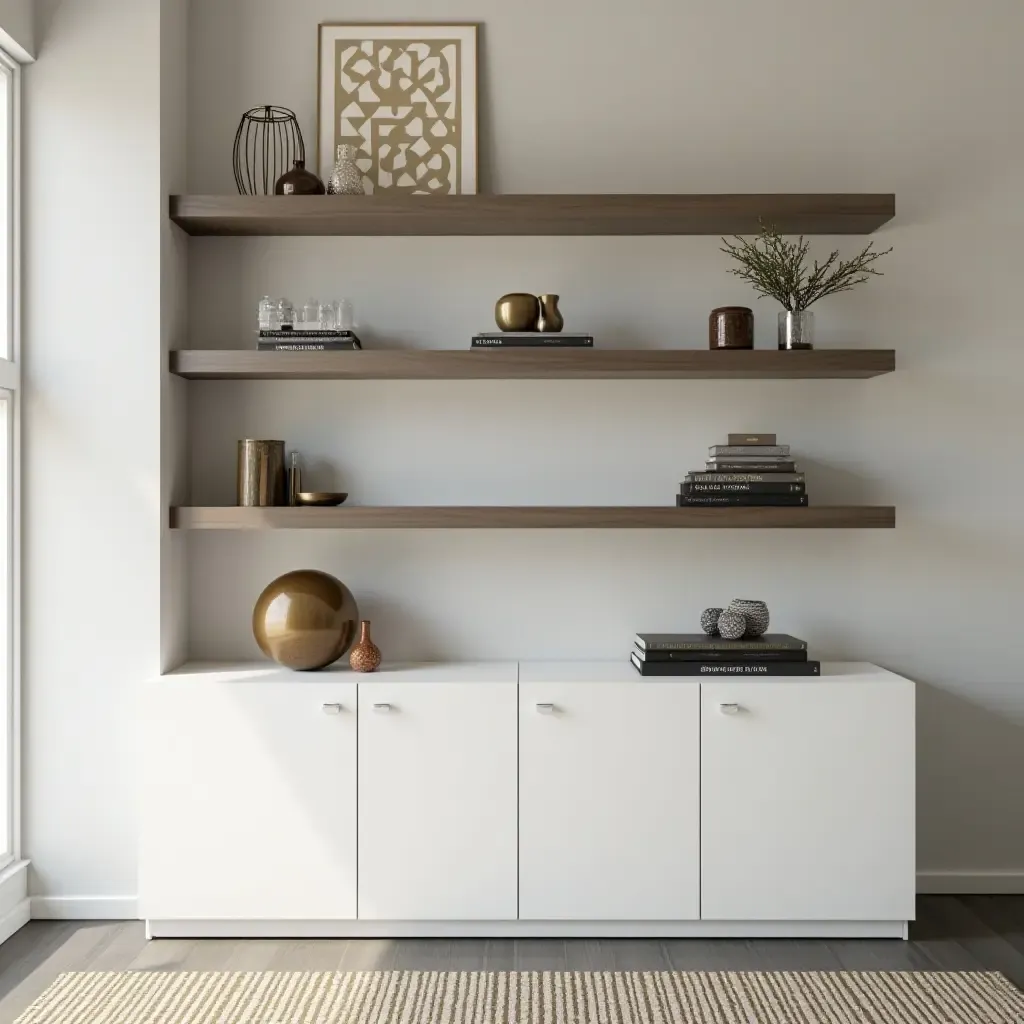 a photo of modern open shelves showcasing geometric decor and metallic accents