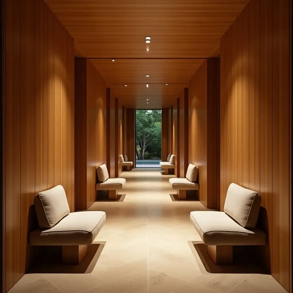 a photo of a corridor with wooden paneling and cozy seating