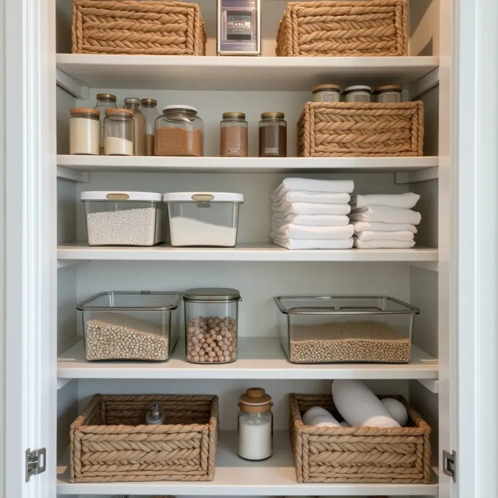 a photo of a pantry organized with clear bins for easy visibility