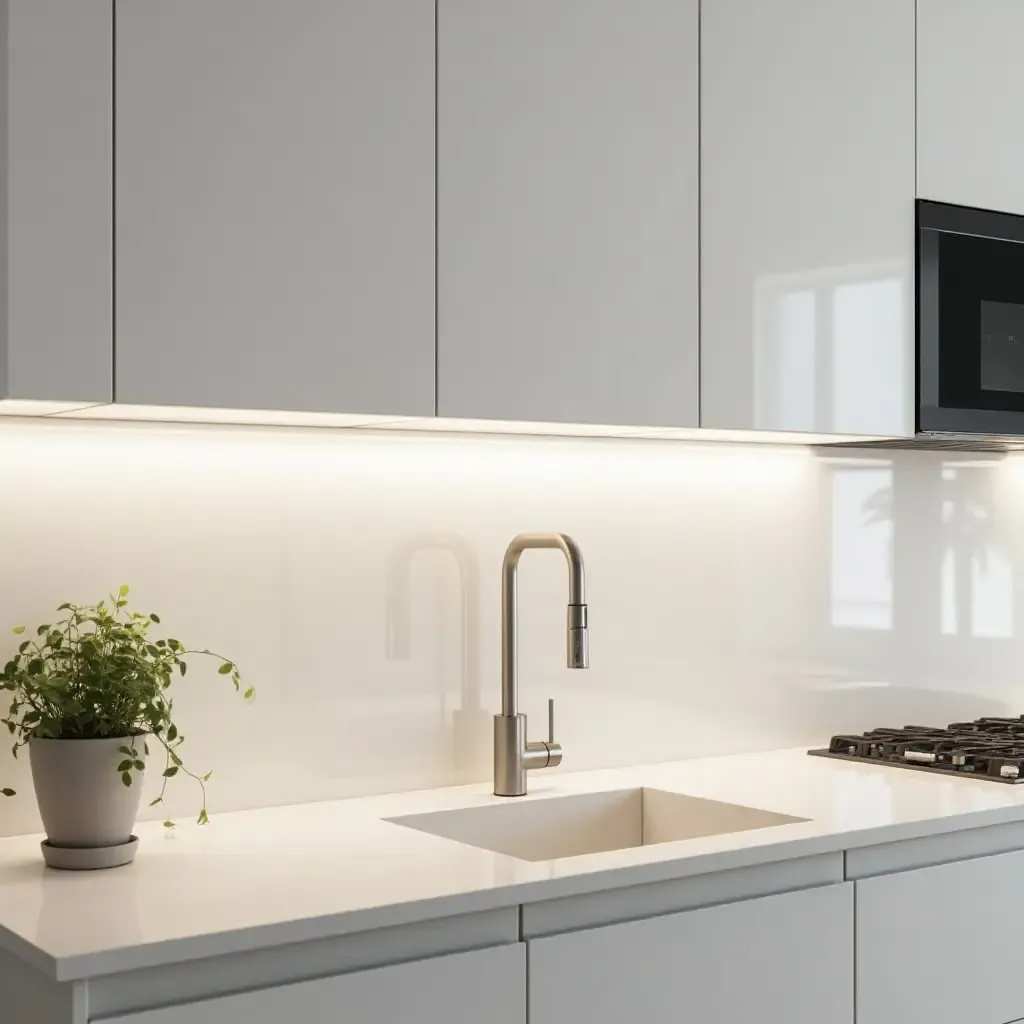 a photo of a sleek white backsplash with integrated lighting in a contemporary kitchen