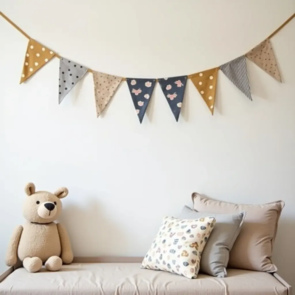 a photo of handmade fabric bunting hanging in a playroom