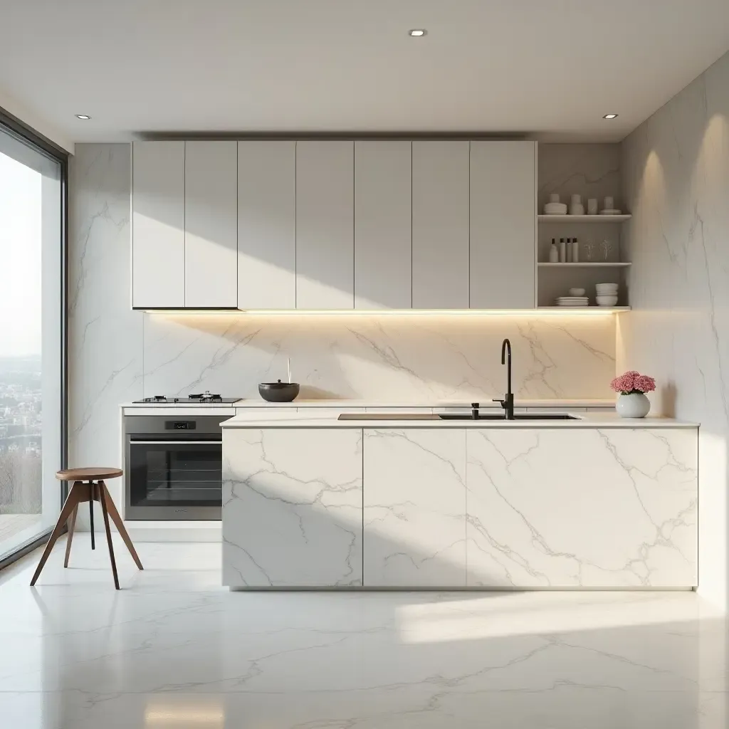 a photo of a serene kitchen featuring a marble countertop and minimalist cabinetry