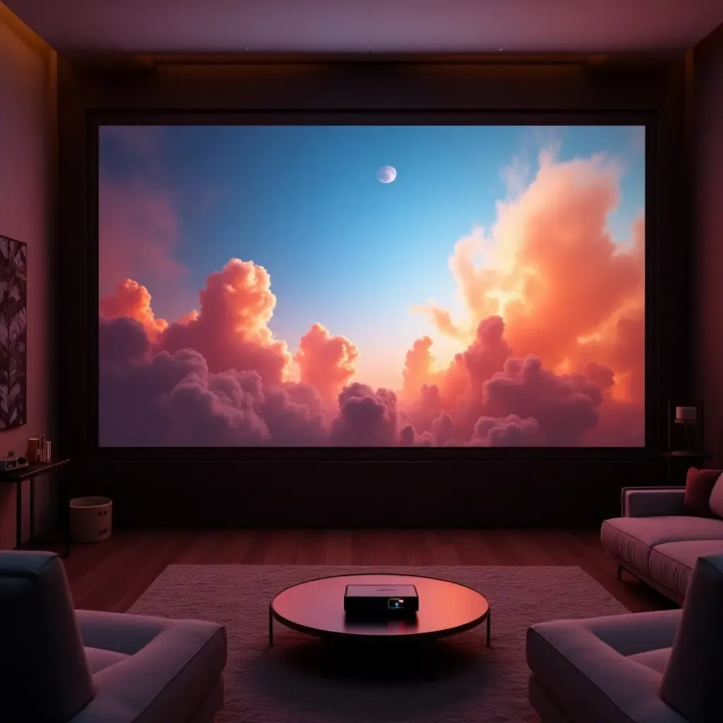 a photo of a TV room with a pop-up projector screen