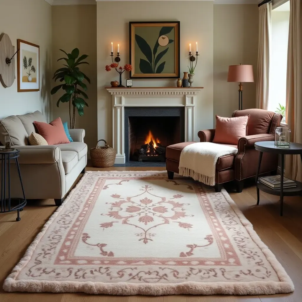 a photo of a soft, vintage-style rug in a cozy basement lounge