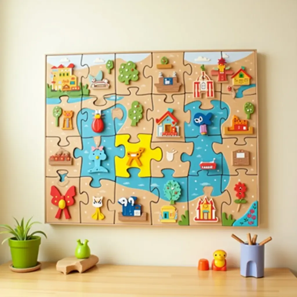 a photo of a colorful, interactive wall puzzle for kids