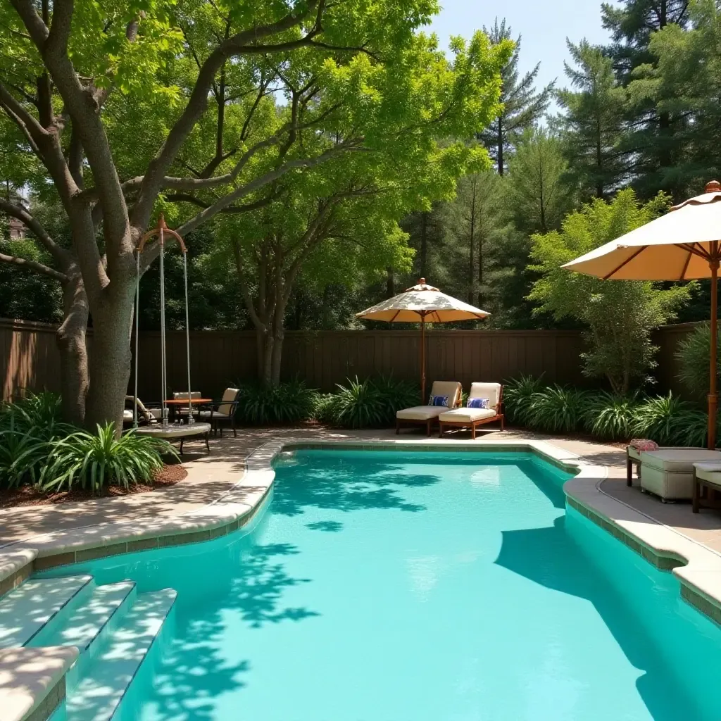 a photo of a pool area featuring a whimsical tree swing nearby