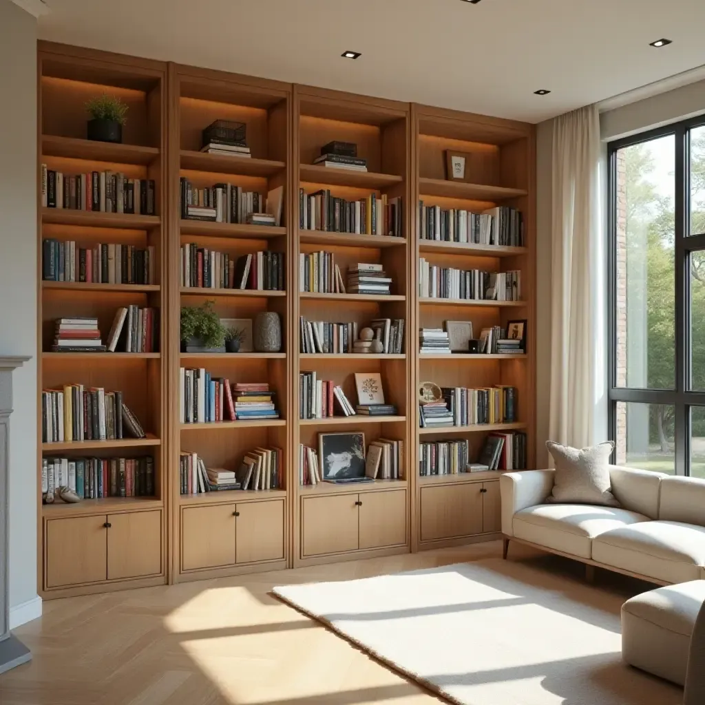 a photo of a bright library with vertical book storage solutions