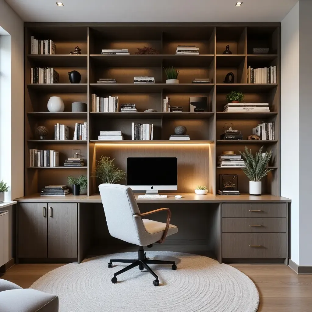 a photo of a home office-library hybrid with efficient storage