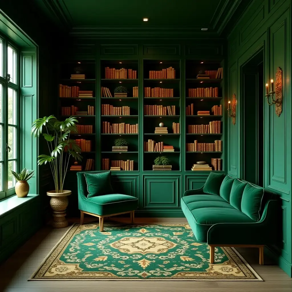 a photo of a rich emerald green and gold library with luxurious accents