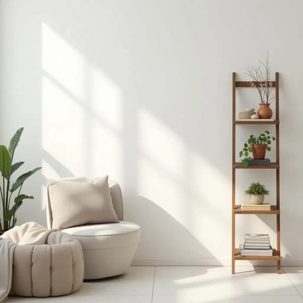 a photo of a bright living room with a decorative ladder shelf