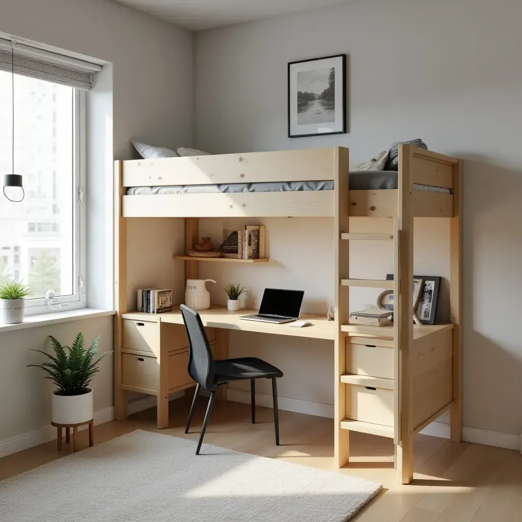 a photo of a stylish loft bed with a desk area for studying