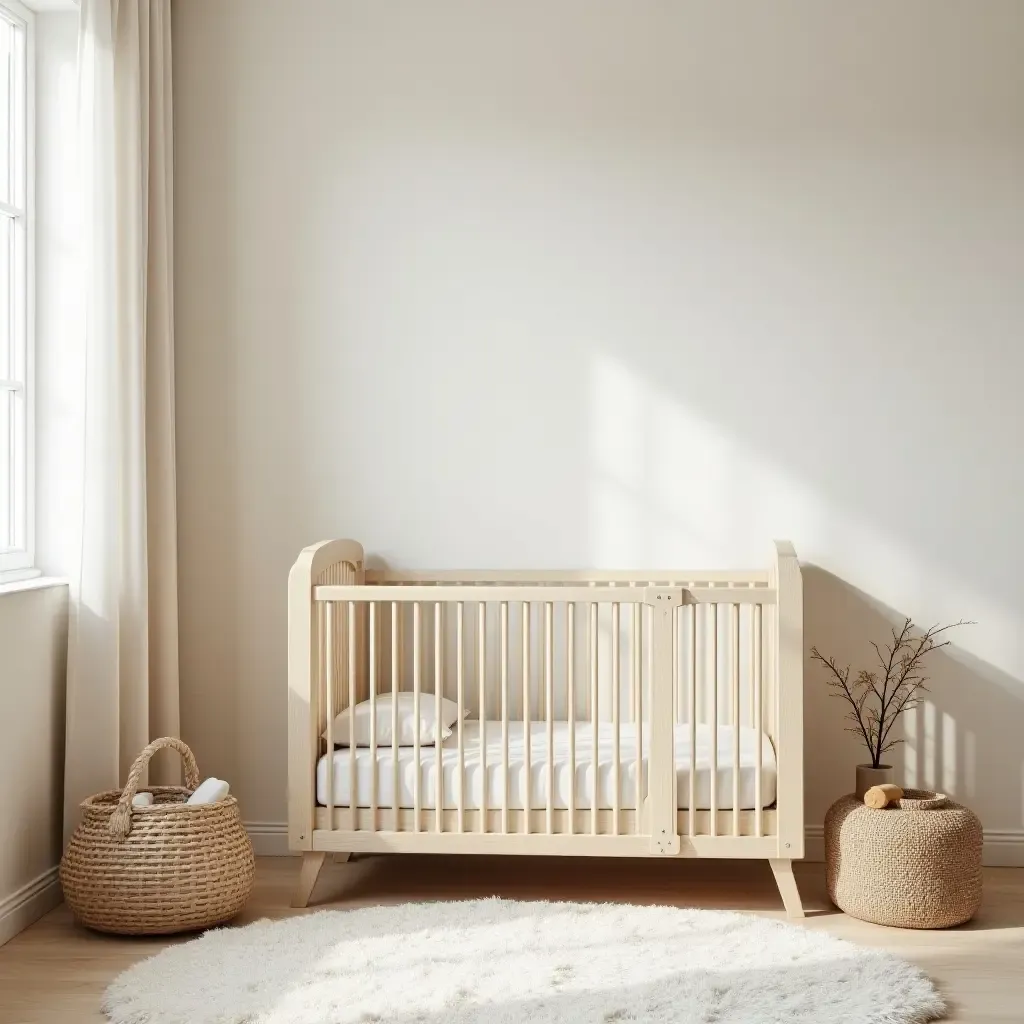 a photo of a serene nursery featuring a soothing color palette and natural textures