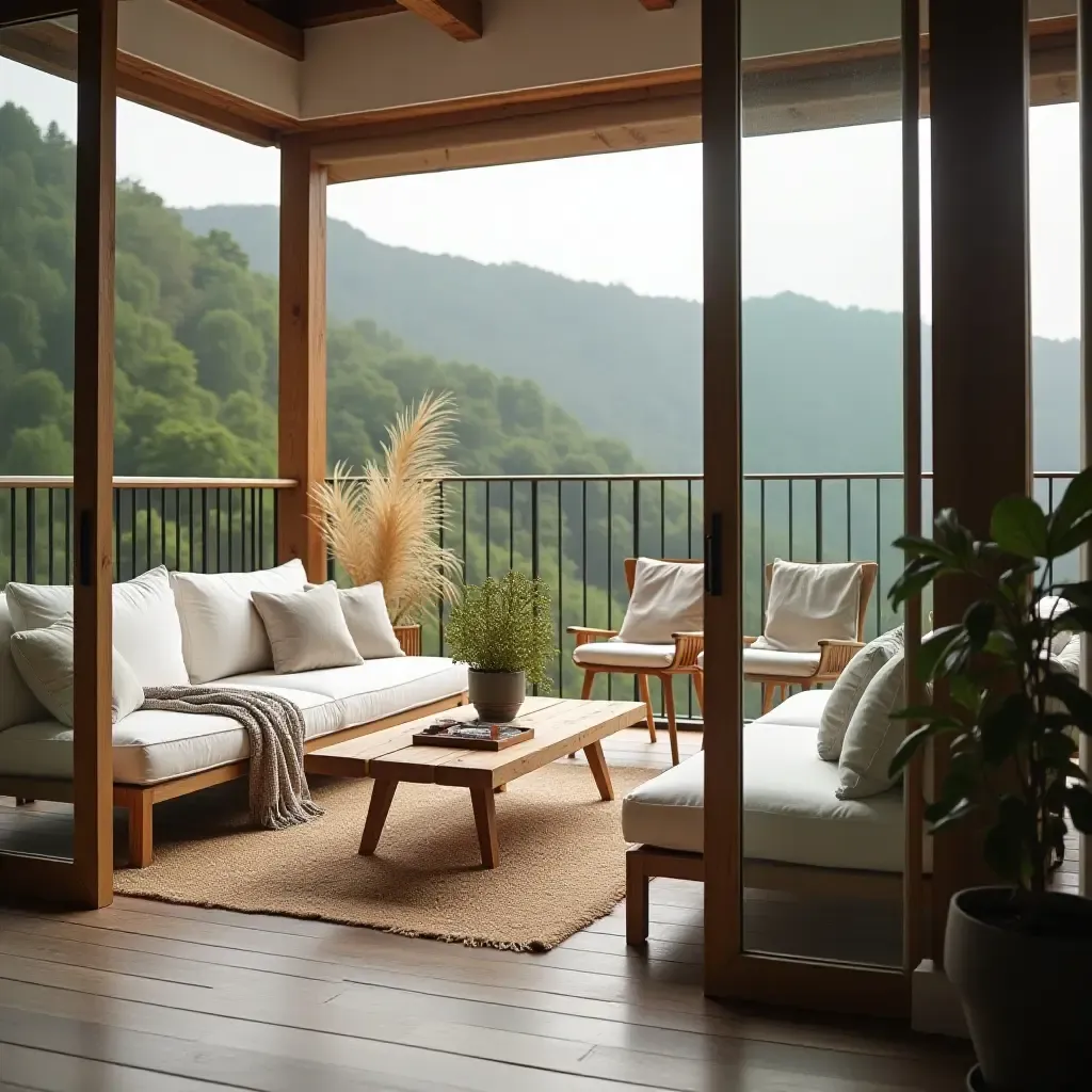 a photo of a balcony with a wooden coffee table and soft throws