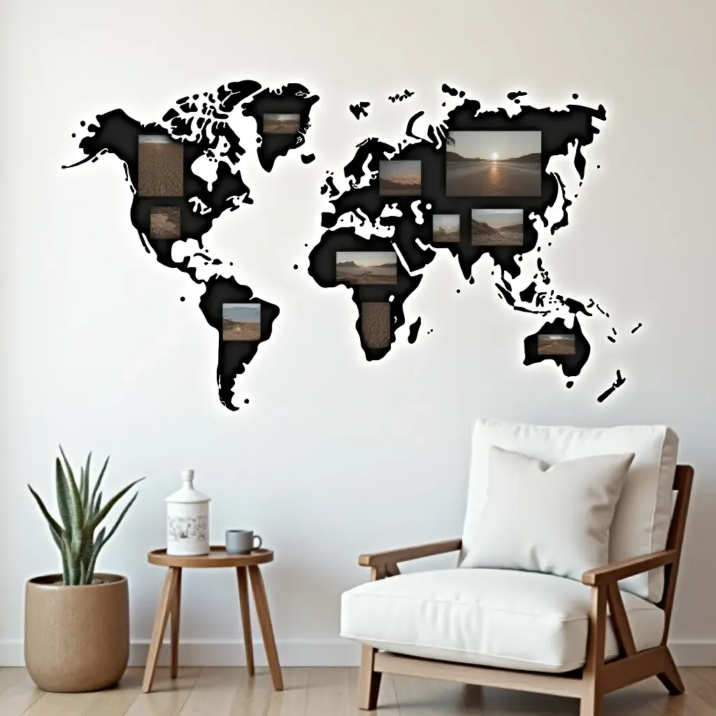 a photo of a gallery wall displaying a world map with travel photos